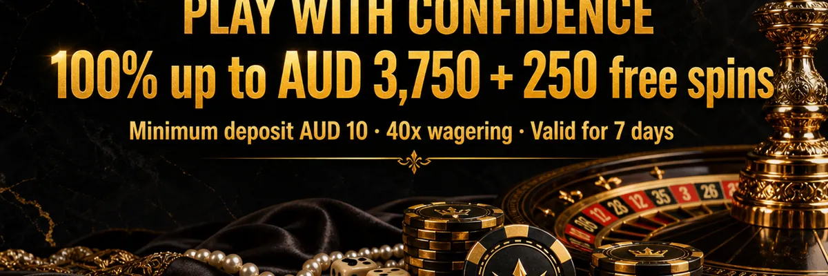 Golden Crown casino banner showing a secure regal still life of crowned chips, roulette details, dice and pearls against dark marble