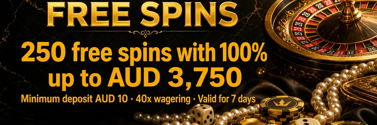 Golden Crown free spins banner with glossy pearls, ivory dice and a crown-emblazoned chip beside an ornate roulette wheel