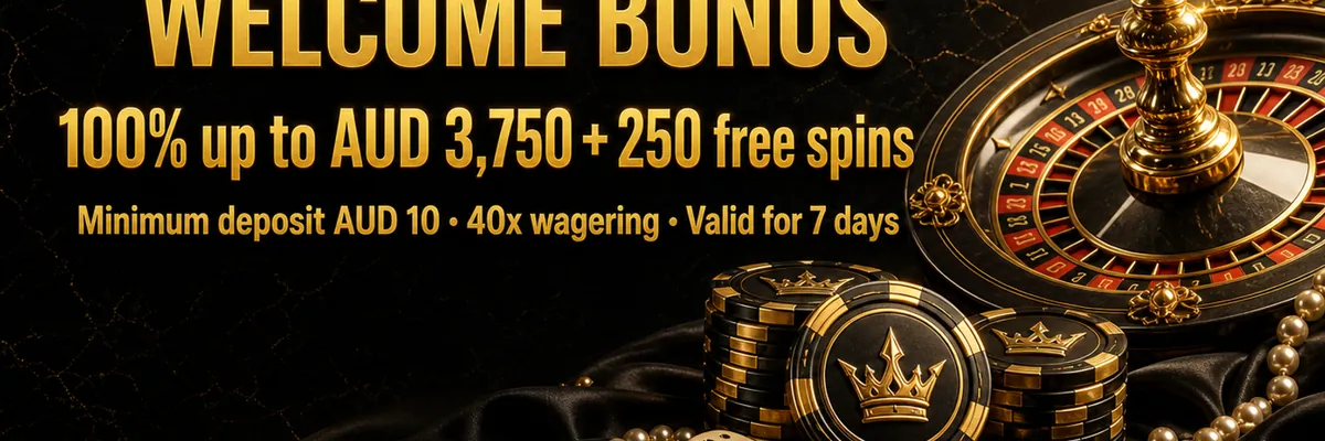 Golden Crown welcome bonus banner with a pointed crown on stacked gold chips, roulette wheel, dice and pearls on dark satin and veined marble